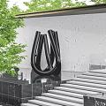 Abstract Black Sculpture On Water Platform With White Wall And Green Trees