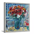 Vibrant Flower Painting With Colorful Bouquet In Glass Vase And Window Background