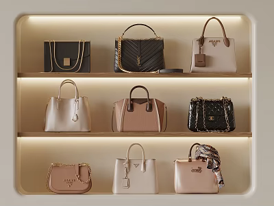 Luxury Designer Handbags in Various Styles on Illuminated Display Shelves 3d model