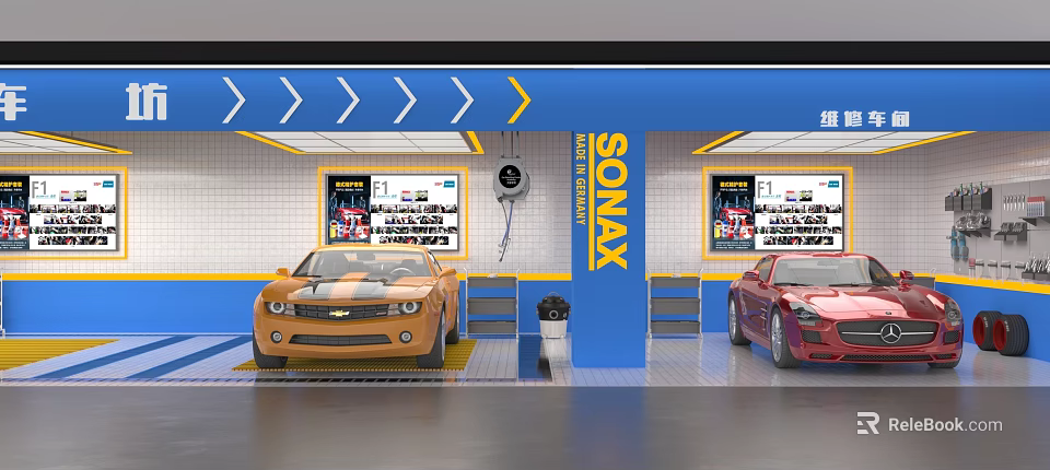 Mall Car Detailing Shop Interior Featuring SONAX Brand Screens And Parked Cars 3d model 