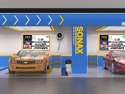 Mall Car Detailing Shop Interior Featuring SONAX Brand Screens And Parked Cars 3d model