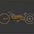 Vintage Motorcycle with Brass Metallic Body Large Spoked Wheels and Mechanical Details on Reflective Surface