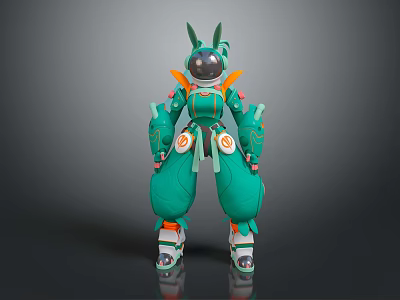Game Movie Green Mech Character With Rabbit Ear Head Orange White Mechanical Details 3d model