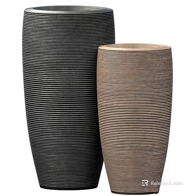 Two Tall Modern Decorative Vases With Black And Brown Striped Texture 3d model 