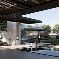 Modern Outdoor Pergola In Garden With Water Reflection Trees And Stone Floor