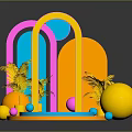 Colorful Event Entrance With Arch Design And Geometric Shapes Palm Leaves And Spheres