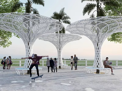 Modern Garden Landscape with White Tree like Lattice Structures Palm Trees and People Activities 3d model
