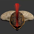 Ancient Warrior Helmet with Golden Decorations and Red Plume on Stone Base Historical Weaponry Design