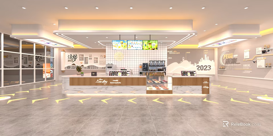 Modern Bubble Tea Shop Interior Design With Counter Menu Board And 2023 Decorations 3d model 