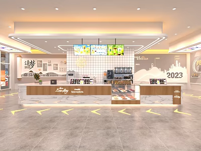 Modern Bubble Tea Shop Interior Design With Counter Menu Board And 2023 Decorations 3d model