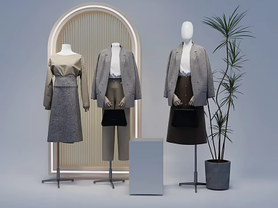 Fashion Mannequins Displaying Coats Skirts And Pants With Arched Frame And Potted Plant 3d model