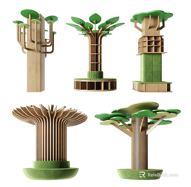 Tree Inspired Wooden Pillars With Modern Design And Green Decorative Elements 3d model 