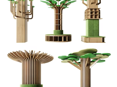 Tree Inspired Wooden Pillars With Modern Design And Green Decorative Elements 3d model