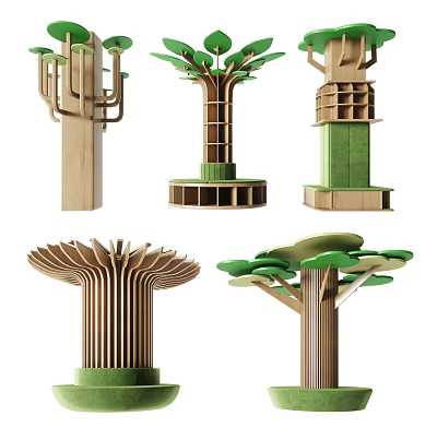 Tree Inspired Wooden Pillars With Modern Design And Green Decorative Elements 3d model