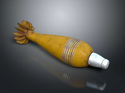 Detailed View of Yellow Bomb with Metal Stripes Tail Structure and Silver Base 3d model