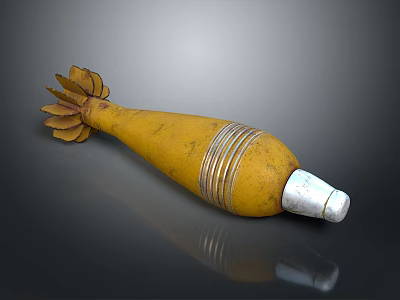 Detailed View of Yellow Bomb with Metal Stripes Tail Structure and Silver Base 3d model