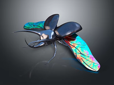 Colorful Iridescent Winged Beetle With Black Body And Long Antennae On Dark Background 3d model