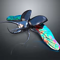 Colorful Iridescent Winged Beetle With Black Body And Long Antennae On Dark Background