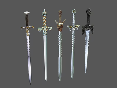 Collection of Decorative Swords with Intricate Handle Designs and Unique Blades 3d model