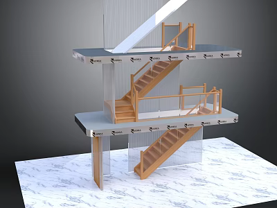 Modern Staircase Design With Wooden Steps Glass Railings And Multi Level Structure 3d model