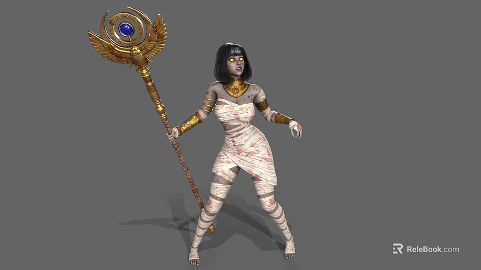 Mummy Style Game Movie Character With White Bandages Golden Winged Scepter And Black Hair 3d model 