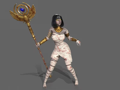 Mummy Style Game Movie Character With White Bandages Golden Winged Scepter And Black Hair 3d model