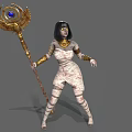 Mummy Style Game Movie Character With White Bandages Golden Winged Scepter And Black Hair
