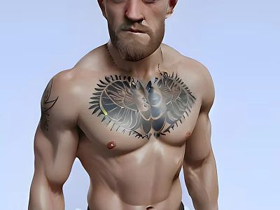 A Shirtless Man With Muscular Build And Chest Eagle Wolf Tattoo Design 3d model