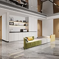 Modern Public Office Area With Colorful Sofa Seating Green Plant And TV Screen
