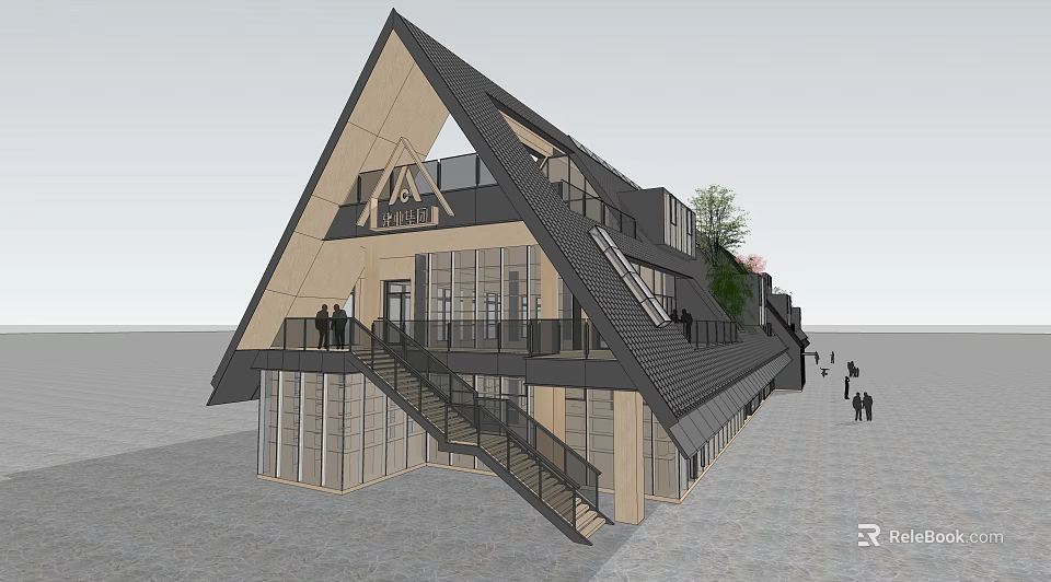 Modern Triangular Roof Building With Glass Windows Staircase Terrace ADU Sign And Pedestrians 3d model 
