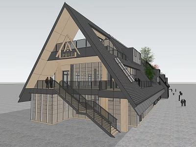 Modern Triangular Roof Building With Glass Windows Staircase Terrace ADU Sign And Pedestrians 3d model