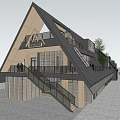 Modern Triangular Roof Building With Glass Windows Staircase Terrace ADU Sign And Pedestrians