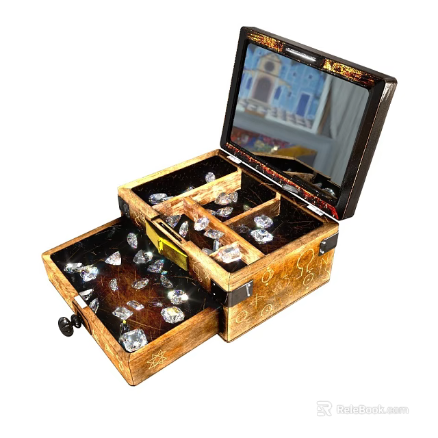Sparkling Diamond Jewelry Stored in Wooden Box with Multiple Compartments and Mirror Lid 3d model 