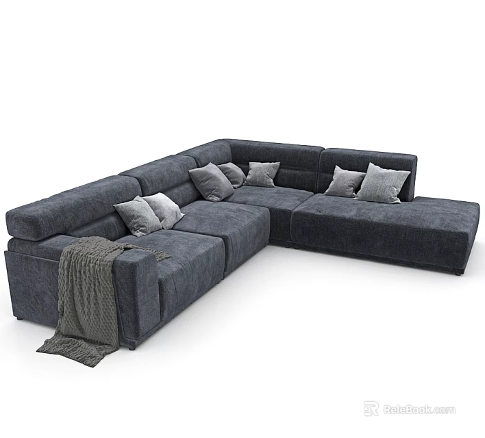 Modern Gray L shaped Sectional Sofa with Plush Cushions and Throw Blanket 3d model