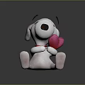 Cute White Plush Doll With Black Ears Holding Pink Heart Sitting On Black Surface