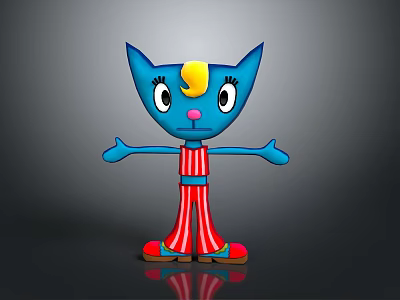 Blue Cat Game Character With Yellow Top Big Eyes Pink Nose And Striped Pants 3d model