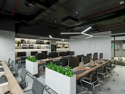 Modern Office Workspace With Long Desks Computers Green Plants And Bookshelves 3d model