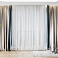 Modern Curtains Featuring Gray Blue Panels And Sheer White Layers For Window With Wooden Floor