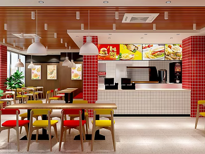 Bright Restaurant Interior With Red Brick Walls White Counter Hanging Pendant Lights And Colorful Chairs 3d model