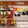 Bright Restaurant Interior With Red Brick Walls White Counter Hanging Pendant Lights And Colorful Chairs
