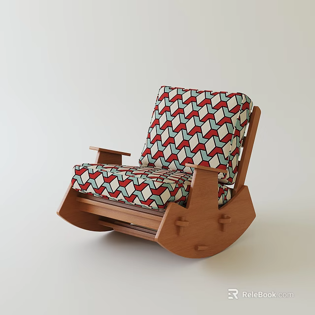 Comfortable Rocking Chair with Wooden Frame and Red White Blue Zigzag Pattern Upholstery 3d model 