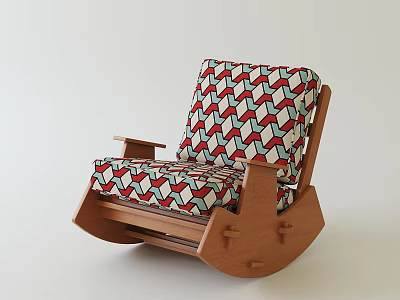 Comfortable Rocking Chair with Wooden Frame and Red White Blue Zigzag Pattern Upholstery 3d model