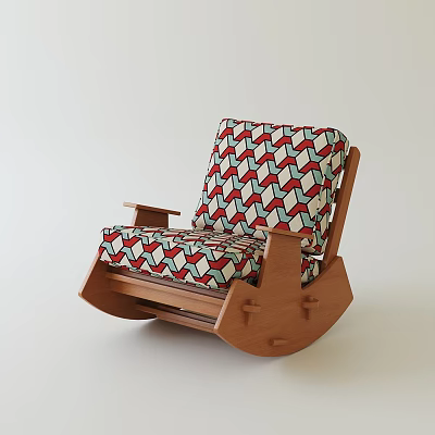 Comfortable Rocking Chair with Wooden Frame and Red White Blue Zigzag Pattern Upholstery 3d model