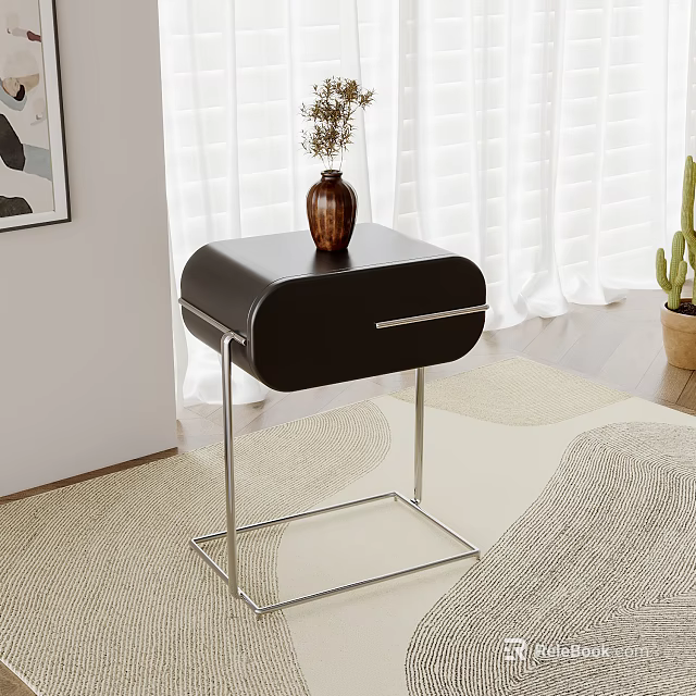 Black Nightstand with Metal Legs and Vase on Light Colored Rug with White Curtains 3d model 