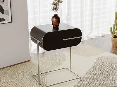 Black Nightstand with Metal Legs and Vase on Light Colored Rug with White Curtains 3d model
