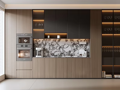 Modern Wooden Sideboard Interior With Black Cabinets Marble Backsplash And Glass Door 3d model