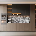 Modern Wooden Sideboard Interior With Black Cabinets Marble Backsplash And Glass Door