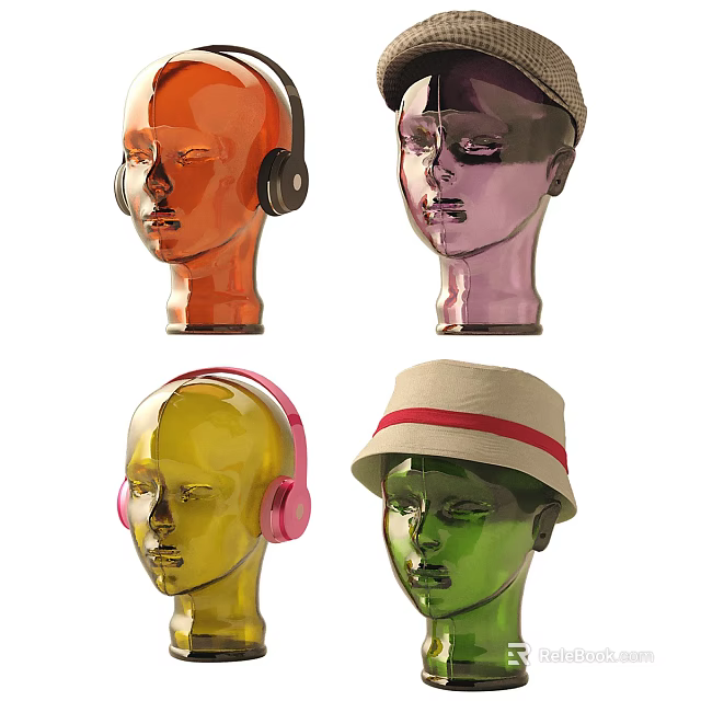 Colorful Mannequin Heads Wearing Headphones And Fashionable Hats In Assorted Colors 3d model 