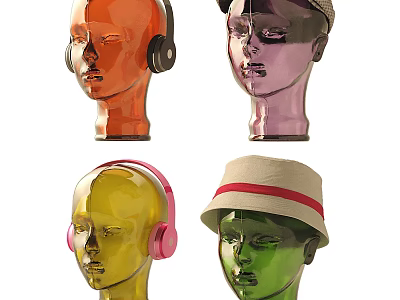 Colorful Mannequin Heads Wearing Headphones And Fashionable Hats In Assorted Colors 3d model
