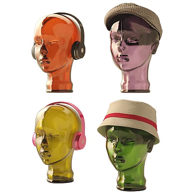 Colorful Mannequin Heads Wearing Headphones And Fashionable Hats In Assorted Colors 3d model